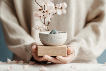 A still life featuring a wooden yoga block, a hand-painted ceramic bowl, and a jade crystal,...