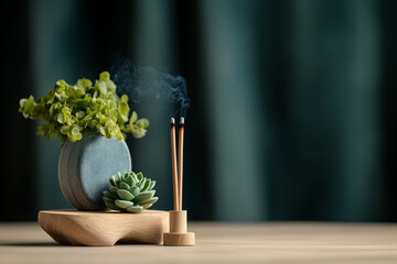 A still lifes with wooden yoga blocks, hand-painted ceramic bowls, jade crystals and incense sticks.