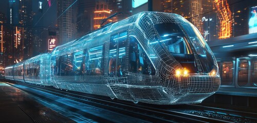 Digital twin and physical train showcased in a futuristic urban environment, emphasizing modern technology.