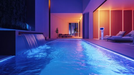 A futuristic smart home pool area with automated cleaning systems, AI-powered temperature control, and smart lights integrated into the pool walls.
