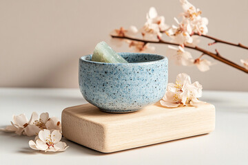 Still life with wooden yoga blocks, hand-painted ceramic bowls, jade crystals and beautiful flowers.