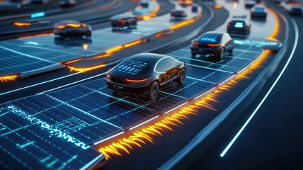 A futuristic solar-powered transportation network with electric vehicles traveling on roads embedded with solar panels. Glowing energy streams move beneath the surface.