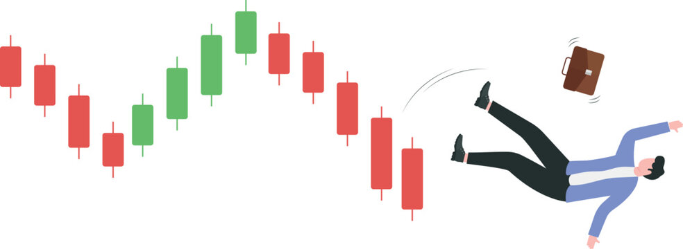Stock market crash, crypto price fall, loss money from financial crisis or wrong speculation of trading concept. Businessman trader running away from downtrend candlestick graph which is on fire.
