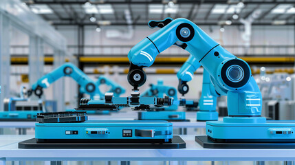 Fototapeta premium Industrial efficiency exemplified through the use of robotic process automation (RPA), with 3D-rendered AI robots seamlessly integrating into factory operations to streamline processes