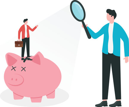 Checking personal income for taxation, verifying source of revenue, auditing concept. Government officer use magnifying glass to look at businessmen standing on money stacks.

