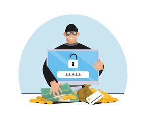Online scam, internet fraud and online crime concept. Masked fraudster steals money from hacked bank user account via computer. Flat vector illustration.