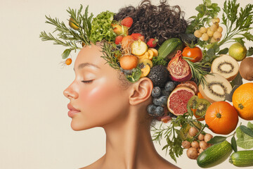 Fruits and vegetables create smart nutrition for brain concept  symbolizing health