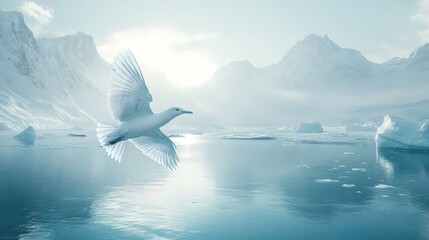 Fototapeta premium Pristine White Bird Soaring Over Arctic Waters – Serenity and Grace in the Frozen Landscape