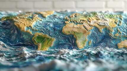 Holographic projection of a detailed global map displaying the forecasted environmental impacts and effects of climate change over the next 100 years including temperature rises sea level changes