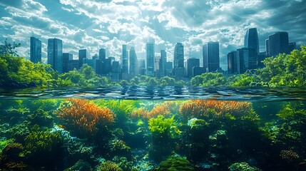 A holographic interface displaying real time data on rising ocean temperatures and coral bleaching with a marine research center in the background