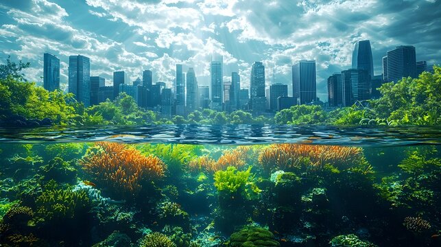 A holographic interface displaying real time data on rising ocean temperatures and coral bleaching with a marine research center in the background