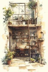 Cozy Rustic Indoor Space with Wooden Ladder, Shelves Full of Jars, Plants, and Warm Lighting in a Charming Artisan Setting