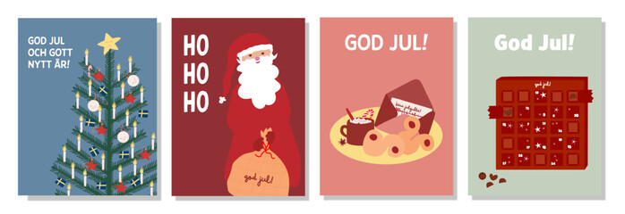 Set of Swedish Christmas card. Swedish text with Swedish flags in Christmas tree and  saffron buns - lussekatter.