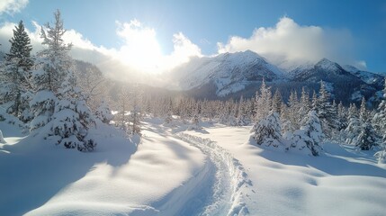 Snowy Mountain Landscape with Fir Trees and Sunlight