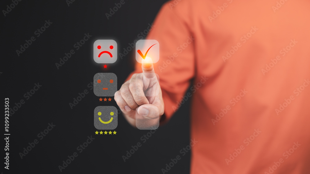 Aufkleber Customer hand touch a digital rating interface, selecting a one-star rating with a sad face icon. This concept illustrates customer dissatisfaction, feedback, and the importance of user experience.