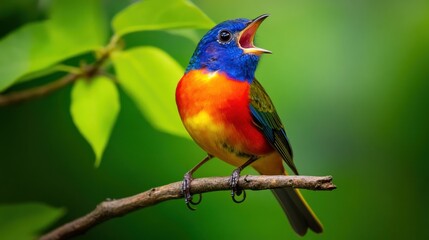 Obraz premium Vibrant Songbird Singing on Branch – Serene Forest Setting with Sunlight and Lush Greenery