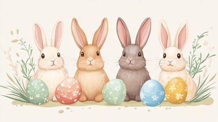 Obraz premium Cute bunnies and easter eggs on isolated background 