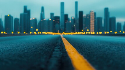 Obraz premium Scenic Perspective of an Urban Road Leading to a Distant City Skyline at Dawn with Soft Blue Hues and Glowing Street Lights