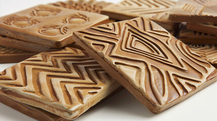 Intricate clay tile coasters featuring geometric patterns, adding a touch of elegance to your table setting.