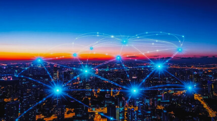 Obraz premium Smart digital Innovation city with connection network reciprocity over the sunset cityscape. of future wireless digital city and social media networking systems that connects people with in city