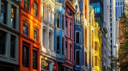 Obraz premium A vibrant city corner featuring bold, colorful buildings under the golden glow of sunset.