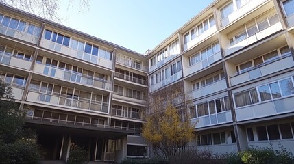 Obraz premium Modern apartment building courtyard with trees and balconies.