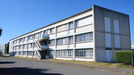 Obraz premium Modern building exterior, long, light-colored, multiple windows, stairs.