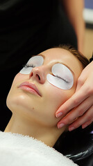 A beauty therapist applying cooling eye masks to reduce puffiness.