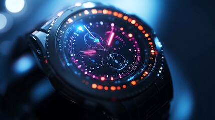 Futuristic digital chronograph wristwatch with glowing neon accents.