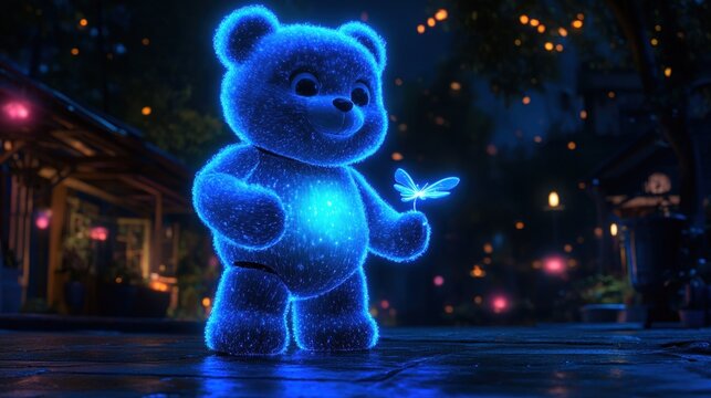 Glowing teddy bear holding a dragonfly at night.