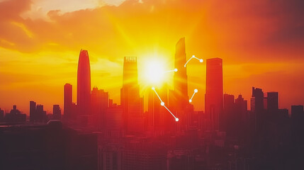 Fototapeta premium Smart digital Innovation city with connection network reciprocity over the sunset cityscape. of future wireless digital city and social media networking systems that connects people with in city