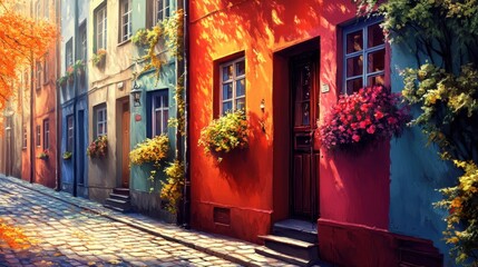 Fototapeta premium Brightly painted facades of buildings along a cobblestone street, with flowers adorning the windowsills.