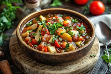 Hearty vegetable stew in rustic bowl, garnished with parsley. Perfect for blogs, recipes, or articles about healthy, home-cooked meals.
