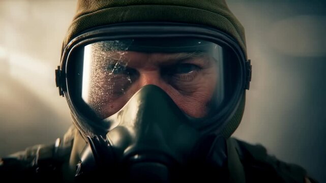 Hyperrealistic extreme close-up of a veteran S.T.A.L.K.E.R.'s face behind a damaged gas mask viewport