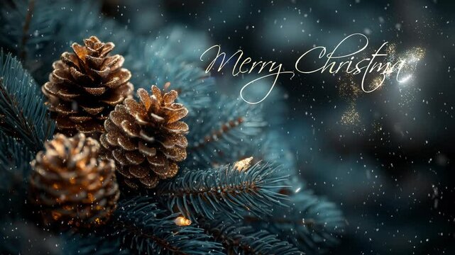 Merry Christmas. Christmas greetings.. Christmas background with fir branches, pine cones and bokeh lights in the background.