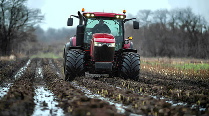 Obraz premium Tractor operating in muddy fields rural countryside agricultural scene nature environment dynamic action concept for farm productivity