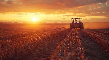 Fototapeta premium Tractor in action at sunset agricultural field countryside landscape nature photography rural serenity concept
