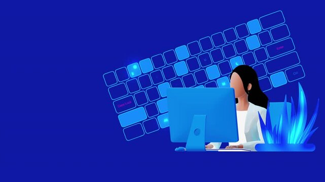 A girl sitting at the computer and editing materials on the site. Ready futage for video clip. computer keyboard on blue background. Website editor. Cartoon on monochrome blue background.