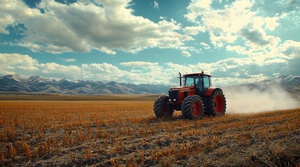 Obraz premium Tractor working the fields countryside farm agriculture action vibrant landscape wide-angle view rural life concept