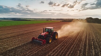 Obraz premium Farm tractor tilling soil in the countryside at sunset agricultural landscape photography rural environment aerial view