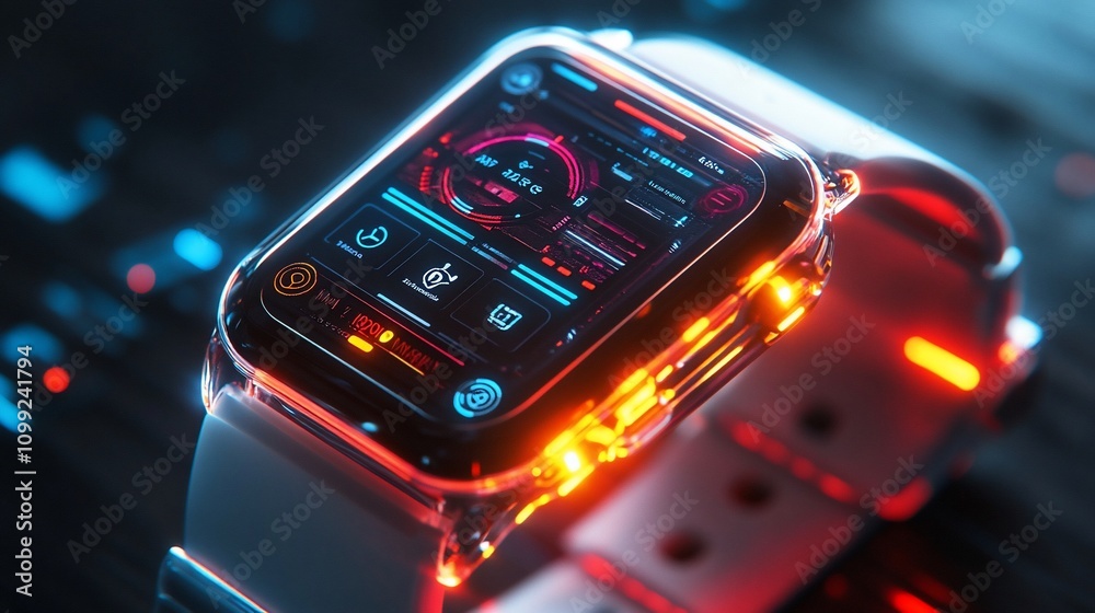 Aufkleber futuristic smartwatch with vibrant interface.