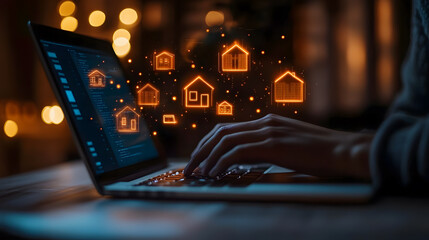 Obraz premium Innovative digital concept of smart home technology and real estate management with glowing house icons above a laptop screen at night