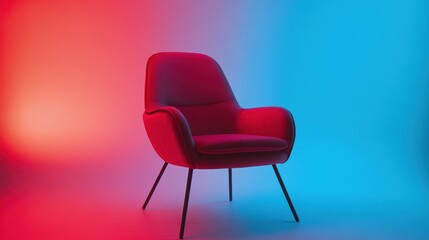 Obraz premium A bold red chair placed against a gradient glowing background with soft luxurious light effects.