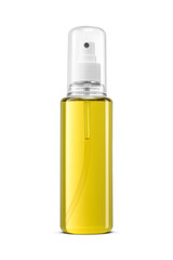 Organic olive oil in plastic sprayer bottle isolated. Transparent PNG image.