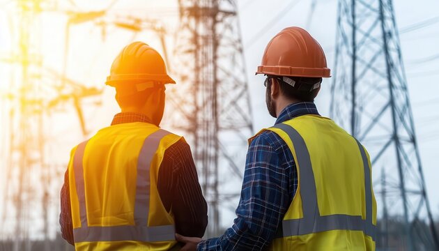 Engineers inspecting an electrical grid with exposed circuits, Grid Inspection, Electrical Engineering, Industrial Power