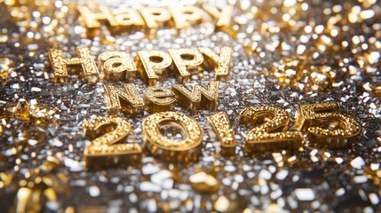 A close-up of bold "Happy New Year 2025" letters on a sparkling gold and silver textured surface