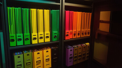 A filing cabinet labeled and sorted with color-coded folders.