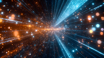 Obraz premium Abstract vibrant light rays in a cosmic space with bright particles and glowing dots creating a sense of depth and movement in a digital environment