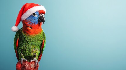 Fototapeta premium Festive Parrot with Santa Hat on Christmas Perch