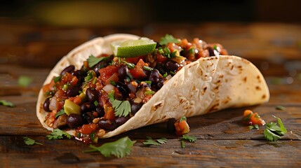 The photo showcases a vegan taco filled with black beans, avocado, and salsa, garnished with cilantro and lime, set on a wooden table Photography, National Geographic Style, spectacular backdrops, viv